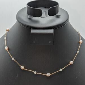 VTG 925 Sterling Silver Pale Pink Pearl Crystal on Cord Toggle 17.5" Necklace